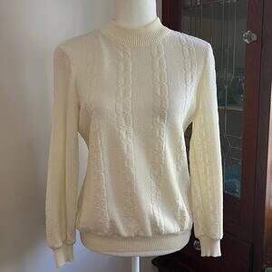 80s/90s Vintage Cream Cable Knit Sweater Size M Back Zip Mock Neck Coastalchic